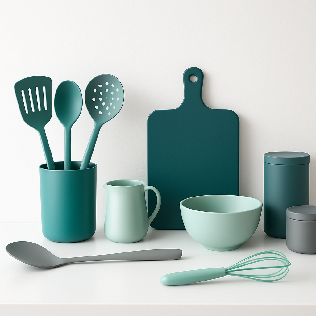 A coordinated set of colorful kitchen tools arranged on a bright countertop