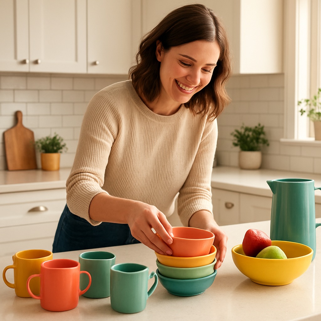 A bright modern kitchen styled with colorful homeware